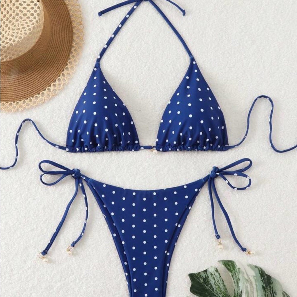 SHEIN Navy Blue Polka Dot Triangle String Bikini